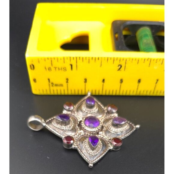 Vintage 925 Sterling Silver Pendant Amethyst & Garnet Stones Intricate Design - Picture 11 of 12